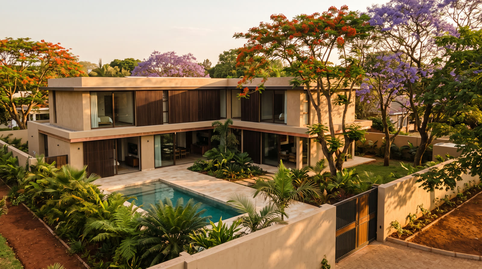 Illustration : villa contemporaine avec piscine et jardin tropical